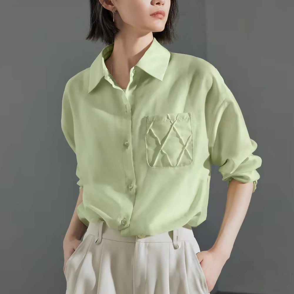 Loose Long-Sleeve Blouse in Light Green or White