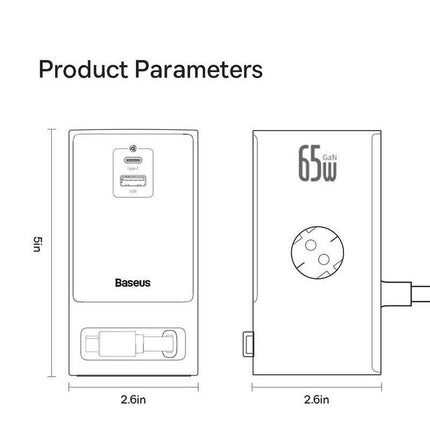 Chargeur rapide GaN 65 W avec multiprise de bureau numérique et contrôle intelligent