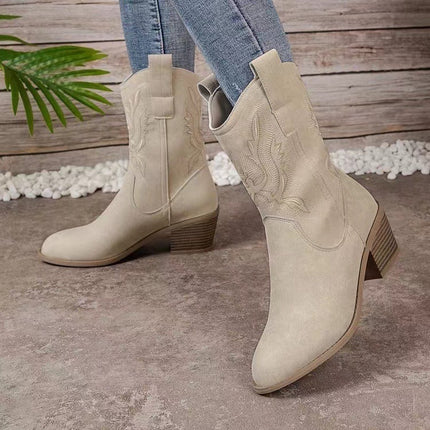 Bottes d'hiver ethniques à bout pointu et talon compensé, brodées, style western, pour femmes