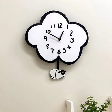 Horloge murale silencieuse à bascule en forme de mouton et de nuage de dessin animé de 38 cm