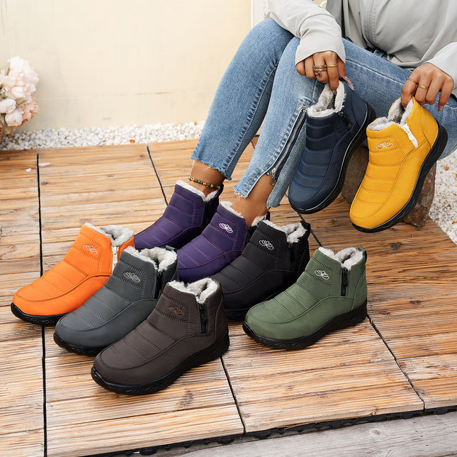 Bottes de neige d'hiver avec fermeture éclair latérale Chaussures plates décontractées en peluche chaudes Bottines en polaire pour femmes