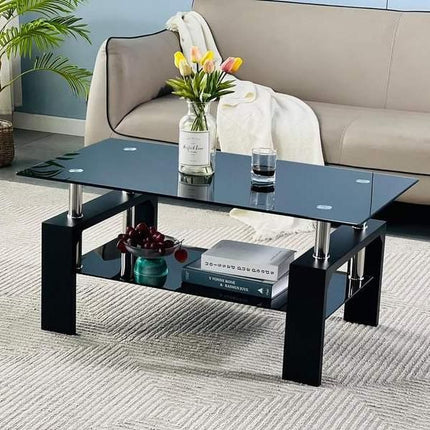 Modern Rectangle Glass Coffee Table with Wooden Legs - Wnkrs