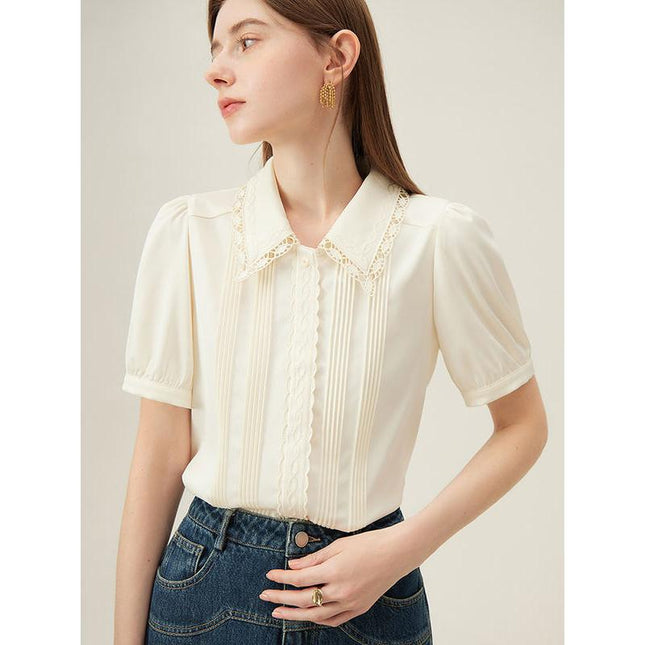 Elegant Summer Embroidered Polo-Neck Blouse with Petal Sleeves
