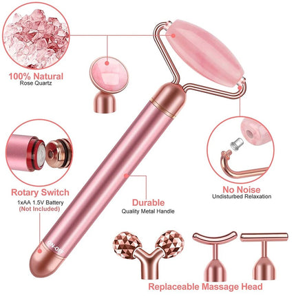 Baguette de massage facial 5 en 1 Gold Beauty Wand avec rouleaux en quartz rose