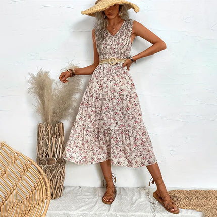 Floral Flounce Slim Sleeveless Long Dress