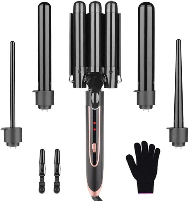 5-in-1 Multi-Function Curling Wand with 3-Barrel Crimper & Fast Heating - Wnkrs