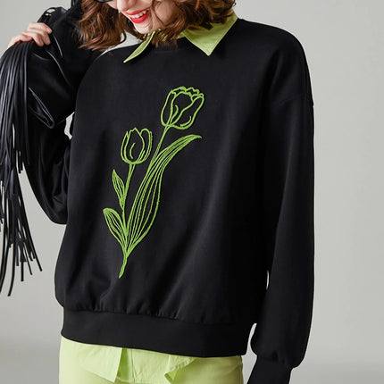 Sudadera con capucha holgada y bordada con flores de moda para mujer