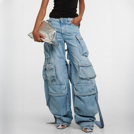 High Waist Spliced Cargo Denim Trousers