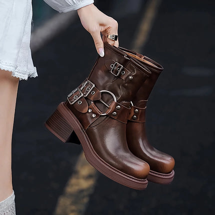 Botas de moto con estilo retro para mujer, con correas de hebilla y tobillo