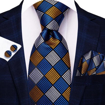 Conjunto de corbata de seda a cuadros azul y dorado para hombre