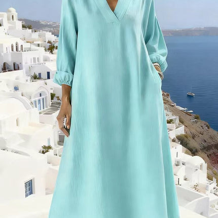 Womens Casual Straight-cut Long-sleeve V-neck Dress Available In Multiple Colors