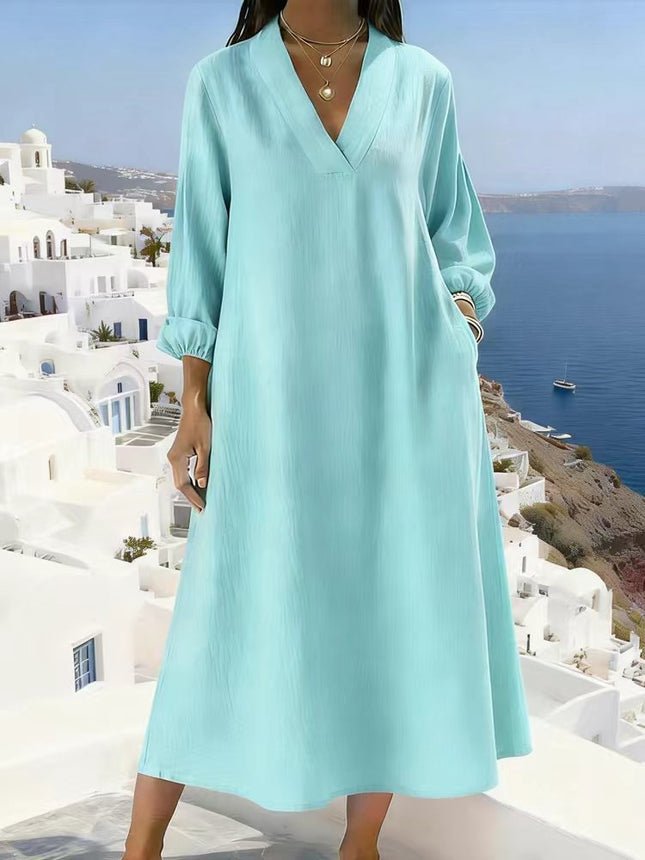 Womens Casual Straight-cut Long-sleeve V-neck Dress Available In Multiple Colors