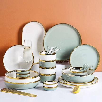 Classical Nordic Bone China Plates Set with Golden Edge, Porcelain Light Green Dinnerware for Elegant Dining