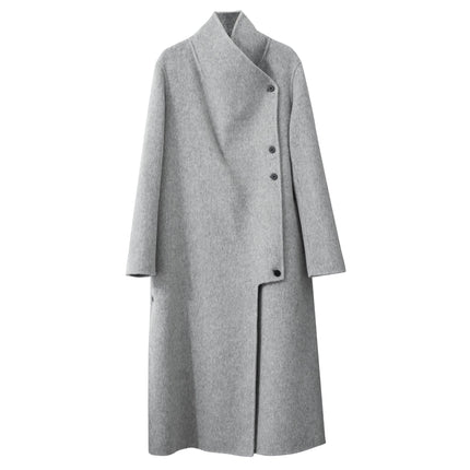 Manteau en laine minimaliste pour femme avec col montant et fente