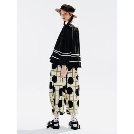 Green Plaid & Black Wave Dot Elastic Waist Wide Leg Pants for Women