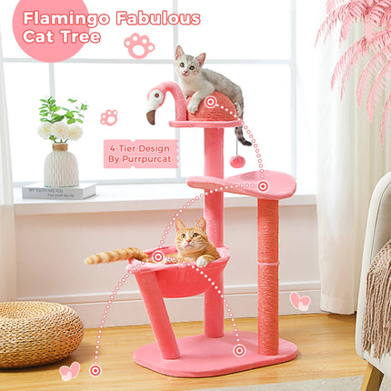 Árbol para gatos de varios niveles con forma de flamenco rosa encantador, hamaca y postes para rascar