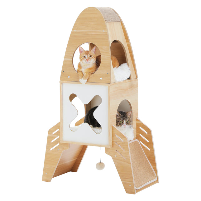 Árbol para gatos moderno en forma de cohete con conos, bolas colgantes y almohadillas para rascar de sisal