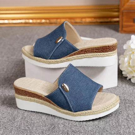 Sandalias de cuña de lona vaquera para mujer, zapatos de tacón alto de cáñamo a la moda para verano, con suela gruesa y boca de pescado para exteriores