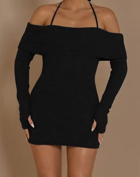 Off-neck Halterneck Long-sleeved Knitted Sweater Hip Skirt Women's Fashion