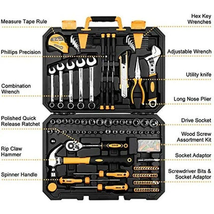 158-Piece General Household and Auto Repair Hand Tool Kit with Plastic Toolbox Storage Case - Wnkrs