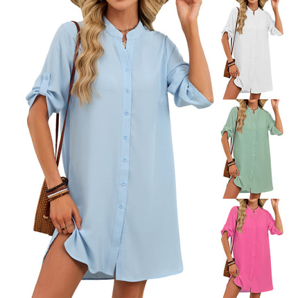 V-neck Shirt-sleeve Button-down Dress For Women