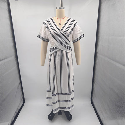 Summer Vacation V-Neck Womens Short-Sleeve Pleated Maxi Dress