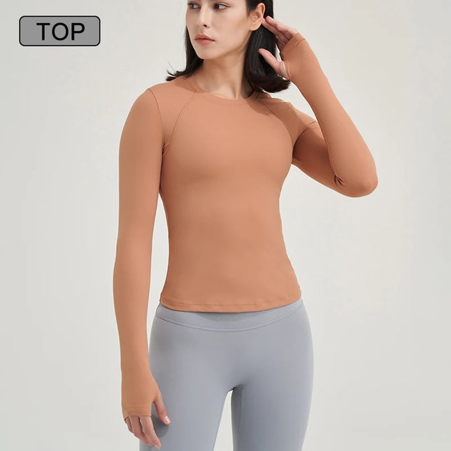 Top de yoga y fitness de manga larga para mujer: ropa deportiva de nailon elástico y transpirable