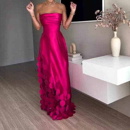 Patchwork Round Satin Tube Top High Waist Dress Evening Gown