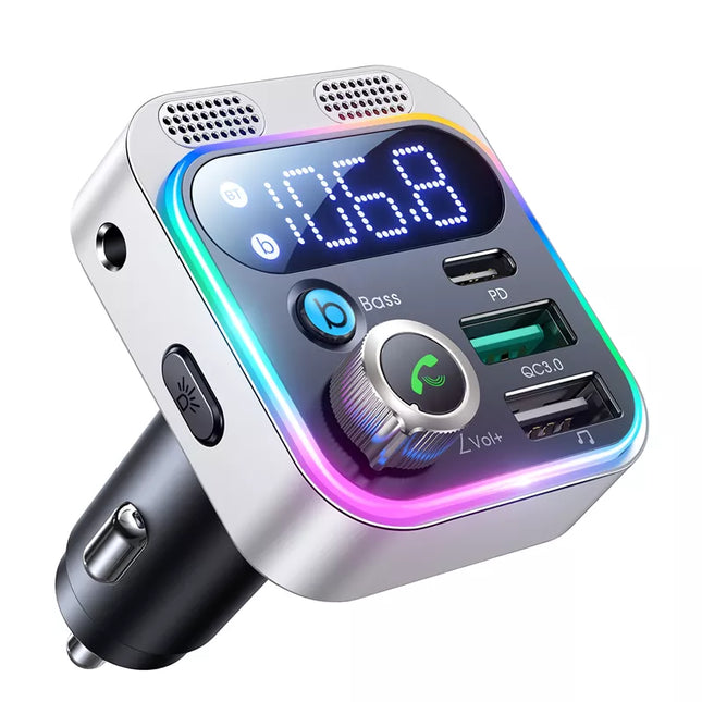 Bluetooth 5.3 FM Transmitter with Dual Mics, Deep Bass & Fast Car Charger