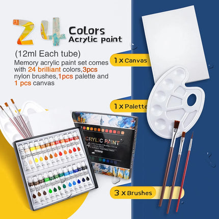 Coffret de peinture acrylique professionnelle - Tubes de 12 ml en 24 couleurs vives avec ensemble de pinceaux