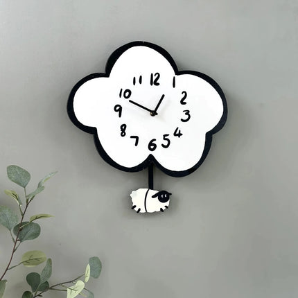 Horloge murale silencieuse à bascule en forme de mouton et de nuage de dessin animé de 38 cm