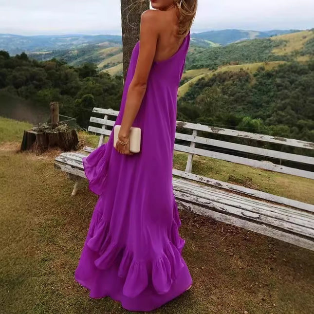 Robe ample à épaules dénudées et à imprimé feuilles de lotus pour femmes, couleur unie