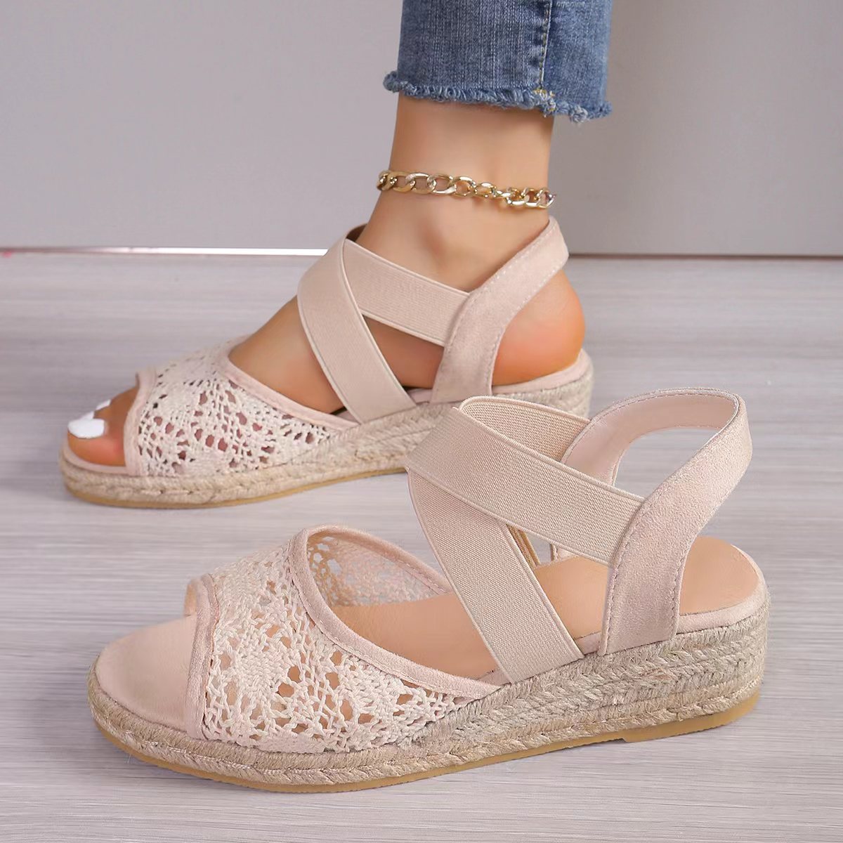 Lace-Panel Cross-Strap Wedge Sandals for Women
