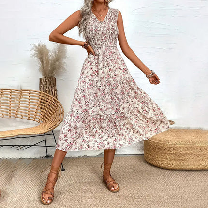 Floral Flounce Slim Sleeveless Long Dress