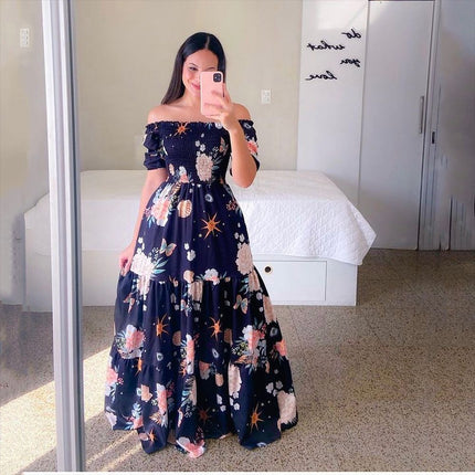 Robe longue à épaules dénudées et à la mode florale pour femme