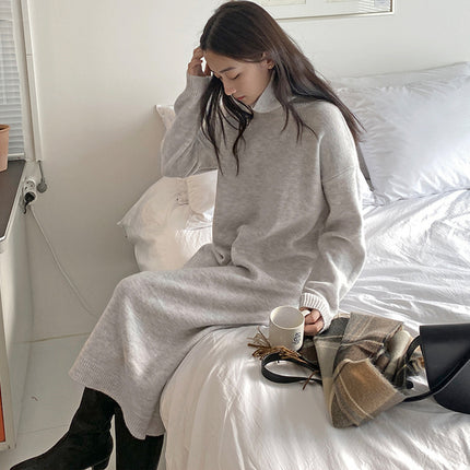 Vestido de cachemira para otoño e invierno para mujer, largo por debajo de la rodilla, holgado, cuello alto