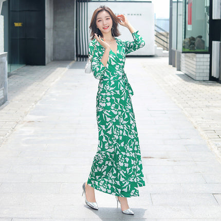 Vestido vintage cruzado de una pieza largo con encaje y estampado floral