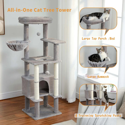 Árbol para gatos de varios niveles con condominio y postes para rascar