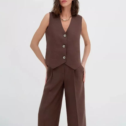 Ensemble gilet sans manches et pantalon à jambes larges en mélange de coton et de lin