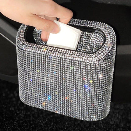 Luxurious Rhinestone Car Trash Bin - Pressing Type Square Storage Bucket - Wnkrs