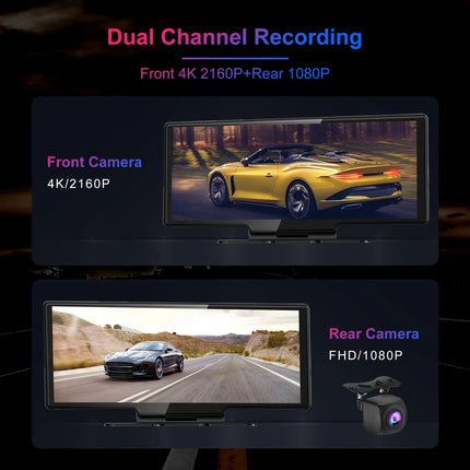 10.26" 4K Touchscreen Rearview Mirror Dash Cam with CarPlay & Android Auto