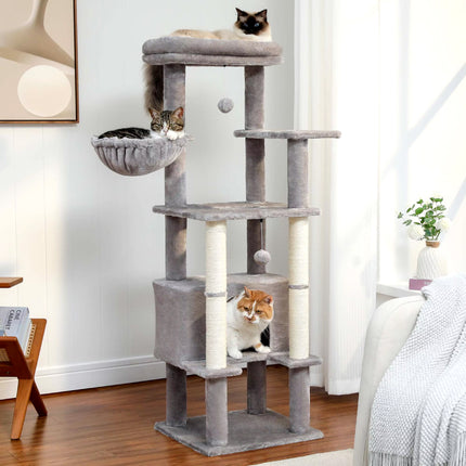 Árbol para gatos de varios niveles con condominio y postes para rascar