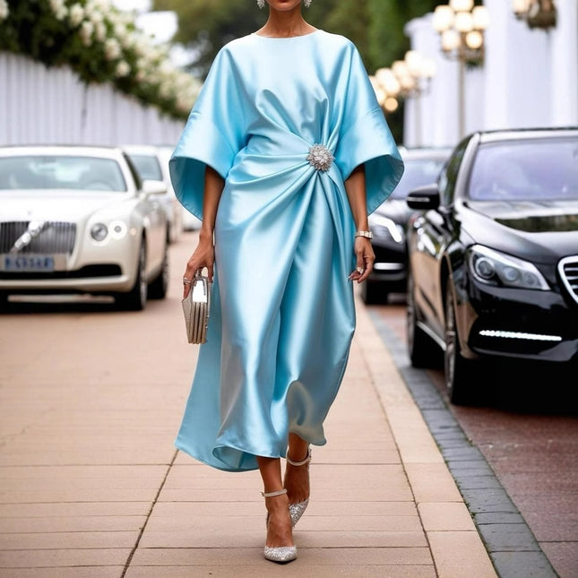 Vestido elegante de satén con diseño decorativo de flores y cuentas para mujer, ideal para ir al trabajo.