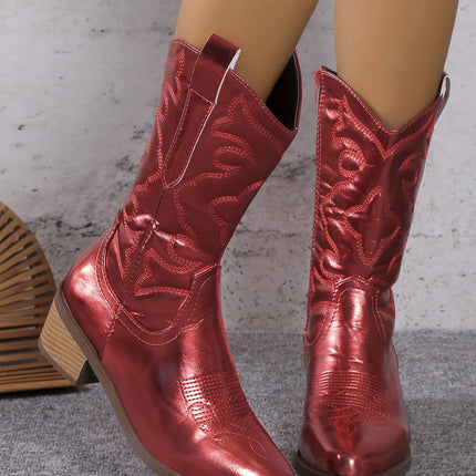 Botas vaqueras de tacón grueso y punta fina, estilo moderno, de caña media, color liso, ideales para otoño e invierno.