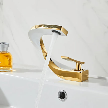 Elegante grifo para lavabo de baño de latón dorado y blanco