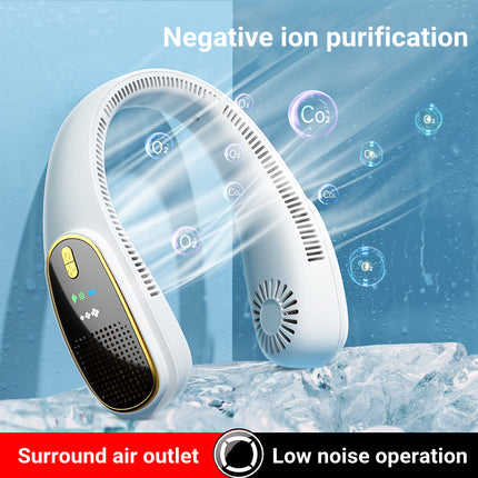 Ventilador de cuello portátil sin aspas con purificador de aire y pantalla LED