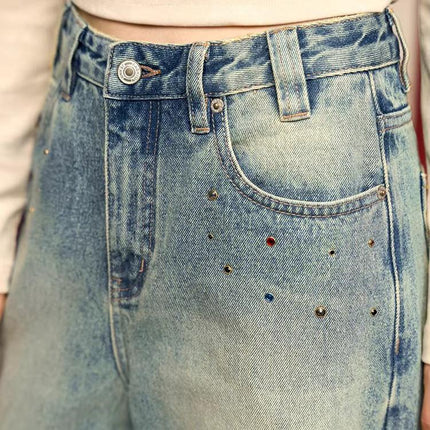 Vaqueros rectos con abertura en forma de diamante y lavados en color azul retro para mujer