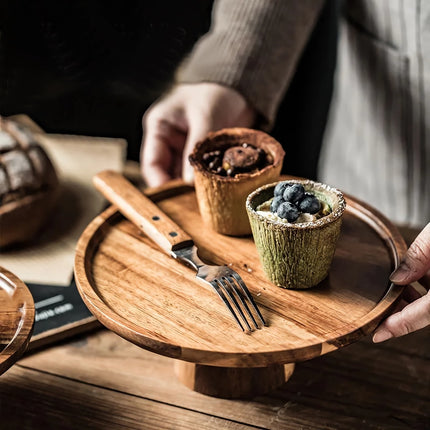 Expositor creativo para postres y tartas con base alta de madera de acacia