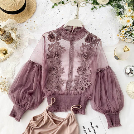 Women's Spring Blossom Sheer Lace Blouse - Wnkrs