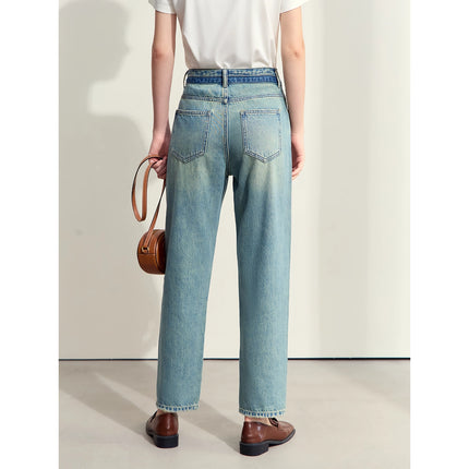 Jean fuselé en denim patchwork minimaliste pour femme - Style rétro